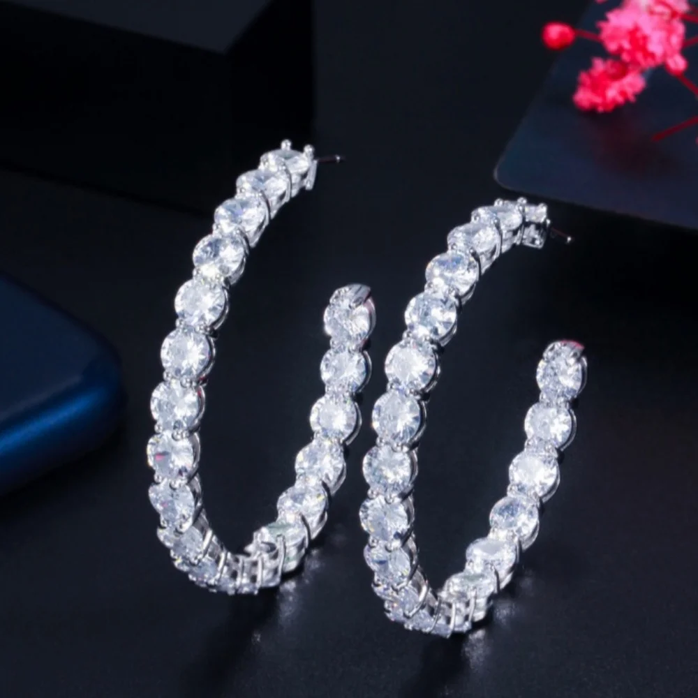 Sparkle Simulated Diamond In-Out Hoop Earring, 925 Sterling Silver Post - Picture 7 of 7